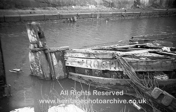 HRS 3865 Rochdale Canal, boat stern, Castlefield Manchester 1970s