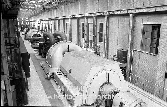 HRS 3964 Kearsley Power Station, view along length of turbine hall 1960s