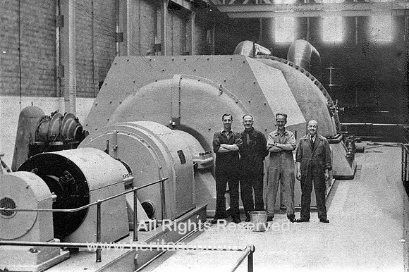HRS 3951 Kearsley Power station, men at turbine 1950s