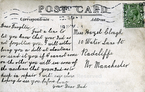 HRS 3289 Radcliffe, Post Card from Coventry nd text side one