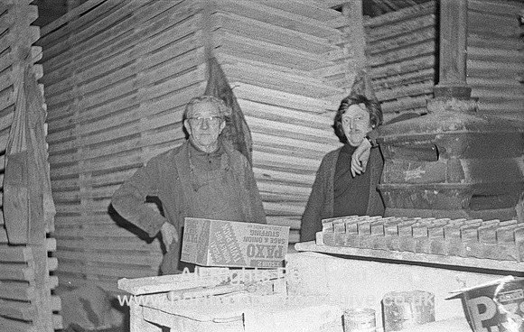 HRS 4523 Eli Whalley staff, drying frames and bench with donkey stones 1970s