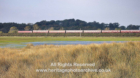 HRS 5057 Cark, Train heading for Kent Estuary viaduct 9 Oct 2010
