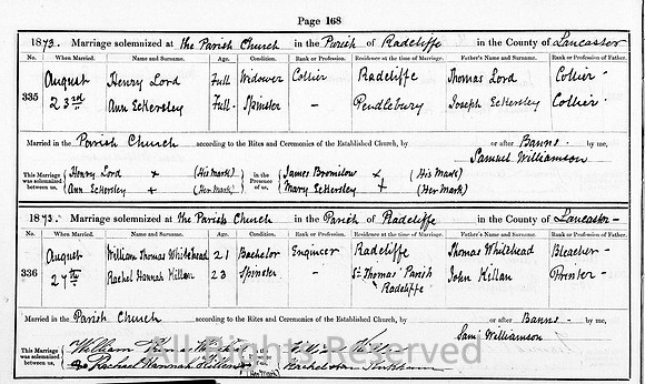 Radcliffe Parish Church, Marriage Certificate 1873