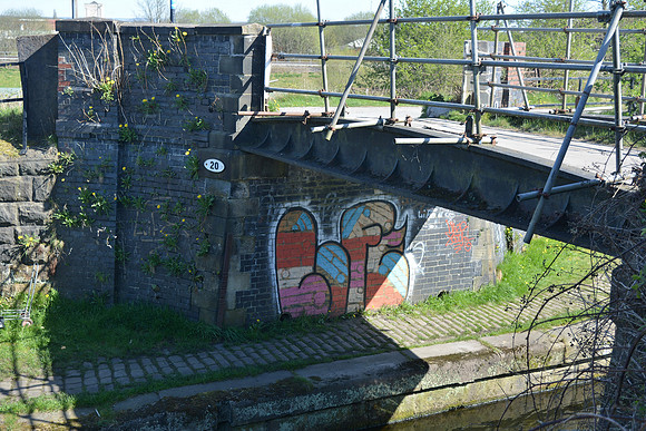 HRS 11551 Radcliffe, MBBC, Cast iron girder bridge over canal graffiti 20 April 2023
