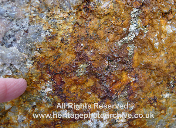 HRS 7409 Shap pink quarry chalcopyrite and haematite