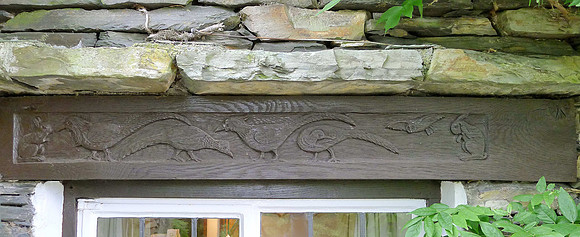 Gatesbield, Carved wooden beam birds, rabbits etc