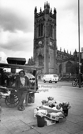 Manchester Cathedral, Victoria Street, flower seller 1975