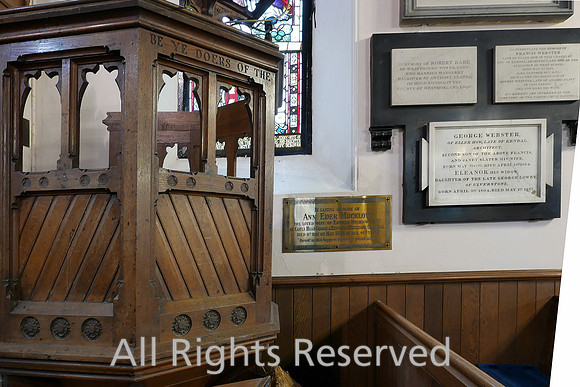 Lindale, Church of St Paul, pulpit and Mucklow plaque L7740131
