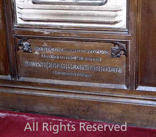 Lindale, Church of St Paul, recess for Laura Marden detail carving L7740227