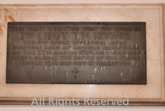 Lindale, Church of St Paul, WW1 paque to Lt TH Irving L7740229