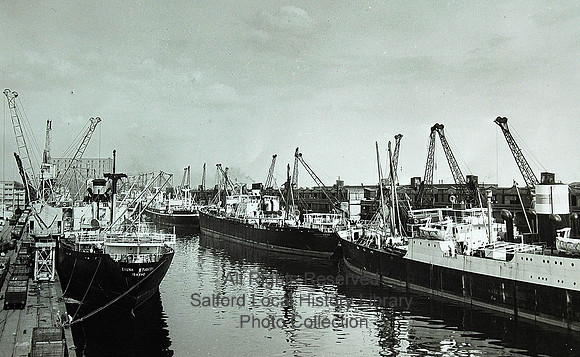 Salford Docks lined with ships