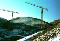 M62 Motorway Construction, Scammonden twin cranes and scaffolding 1969