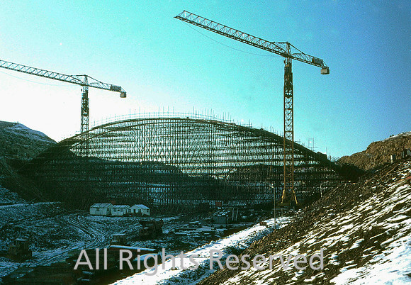 M62 Motorway Construction, Scammonden twin cranes and scaffolding 1969