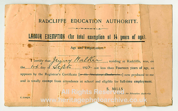 HRS 1900 Labour exemption certificate Radcliffe 1922