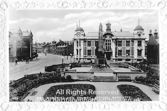 HRS 1895 Radcliffe town hall and war memorial postcard nd