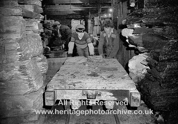 HRS 5201 Llechwedd slate quarry, pushing slate bogey in works c1970